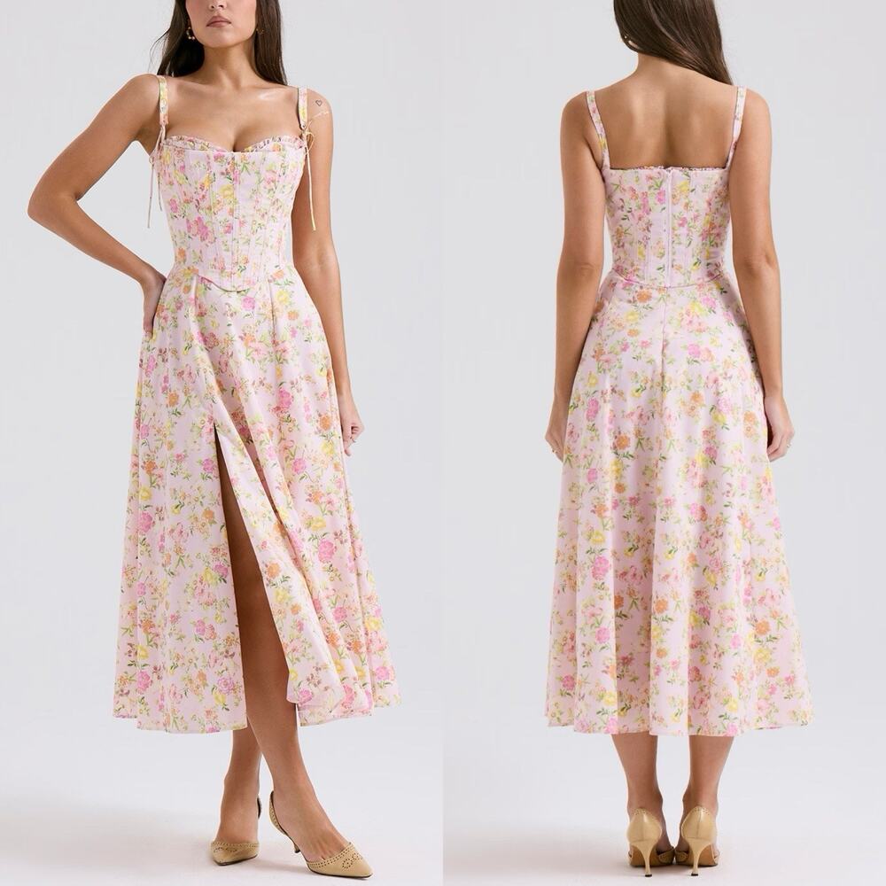 House Of CB Light Pink 2 Piece Floral Corset Clarabelle Midi Sun Dress XS - Picture 1 of 16